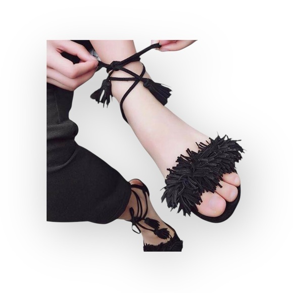 Fringe Block Heel Ankle Strap Sandals ꧁ Black Suede ꧁ 9.5M 260 ꧁ Leather Sole ꧂ - Picture 15 of 16